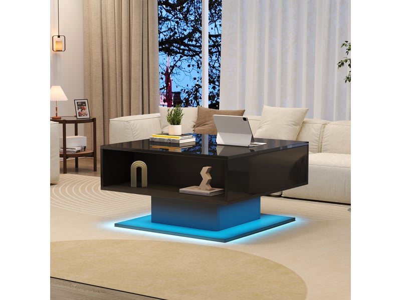 Table basse relevable géométrique 80x75x40cm, table de salon noire avec led, rangement caché et finition brillante - Conforama E