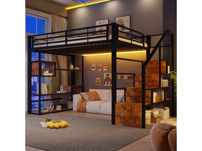  Lit mezzanine 140x200 cm, lit enfant, rangement, échelle sécurisée, barrière antichute, led, bois et métal noir  - Conforama A