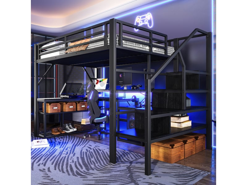  Lit mezzanine 140x200 cm avec bureau intégré, escalier de rangement et led pilotable, mdf et métal, noir, sans matelas  - Conforama R