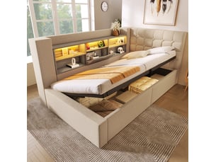 Lit coffre 90x190 cm <strong>COVREO </strong>  <strong></strong> coloris beige