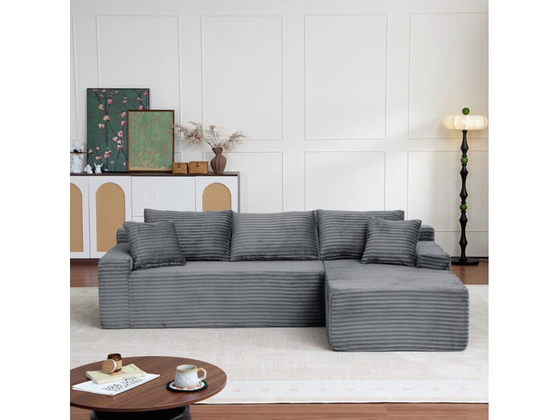 Canapé d’angle modulable 4 places en velours côtelé gris, 239x156x79 cm - Conforama B