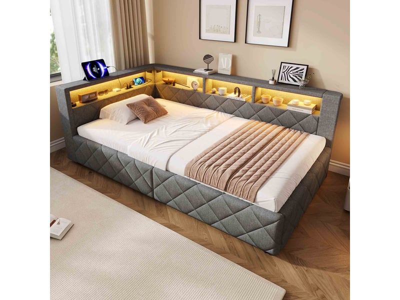  Lit banquette coffre 90x200 cm en lin avec rangement hydraulique, éclairage led, usb, tête de lit avec étagères, lit simple rembourré - gris  - Conforama B