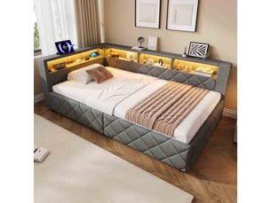 Lit banquette coffre 90x200 cm en lin avec rangement hydraulique, éclairage led, usb, tête de lit avec étagères, lit simple rembourré - gris