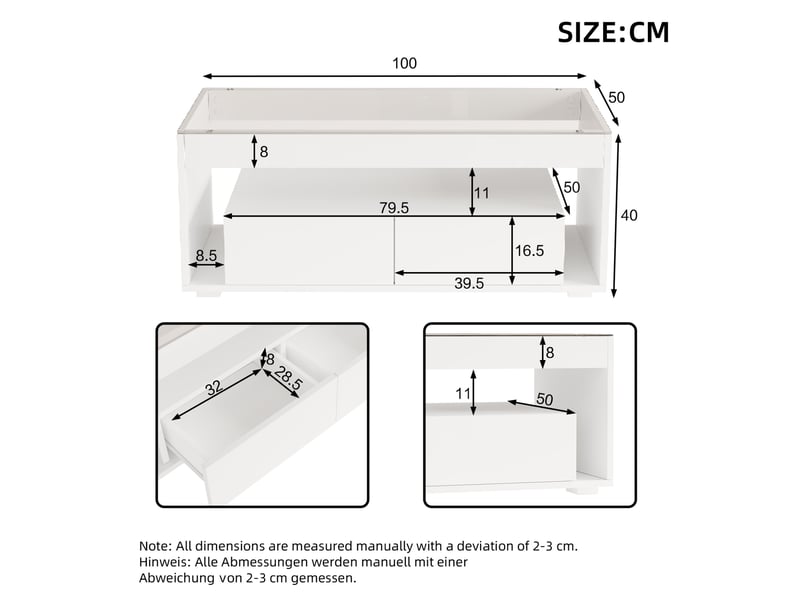  Table basse led 100 x 50 x 40 cm avec 2 tiroirs, verre trempé et usb, blanche  - Conforama C