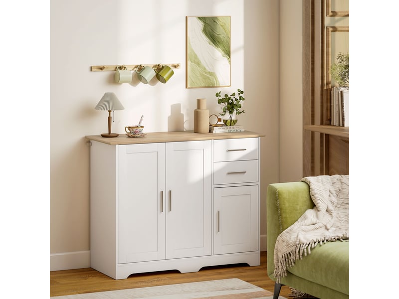  Buffet de salon, meuble de rangement avec 2 tiroirs, 3 portes et une étagère réglable, 100 x 40 x 78 cm, bois blanc et naturel  - Conforama C