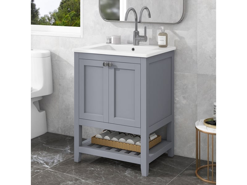 Meuble salle de bain avec vasque céramique 60 cm - sur pied gris clair avec rangement  - Conforama E