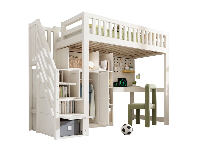 Lit mezzanine enfant rayofi blanc 90 x 200 cm avec bureau, armoire échelle, étagères ouvertes et ports usbusb-c - Conforama A