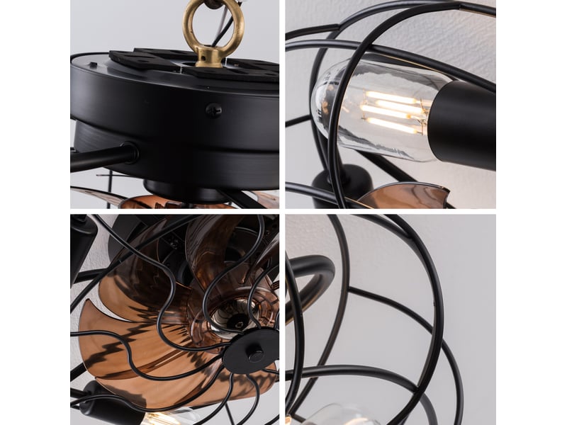  Ventilateur de plafond cage 19 pouces avec lumière, moteur dc réversible, télécommande, noir et noyer  - Conforama D