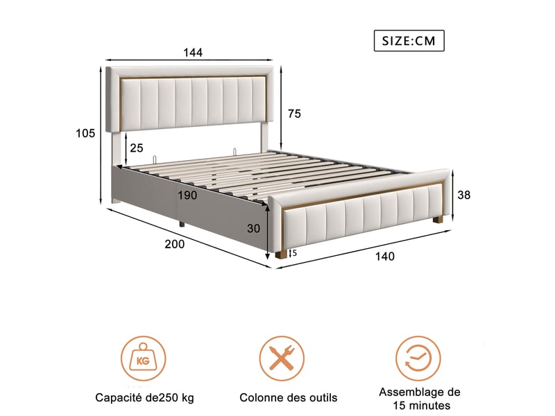 Lit coffre adulte 140x190 cm - lit rembourré double avec sommier à lattes et espace de rangement hydraulique - lit capitonné - cadre de lit 2 personnes - sommier à lattes et tete de lit rembourré - velours beige - sans matelas -… - Conforama R