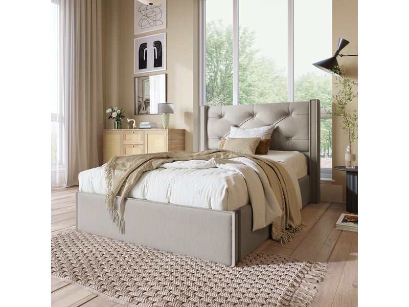  Lit coffre hydraulique 90x200cm en coton gris clair, matelas inclus, sommier à lattes, tête rembourrée  - Conforama E