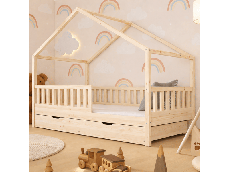  Lit cabane pour enfant en bois naturel 90x190 cm avec 2 tiroirssommier sans matelas  - Conforama B