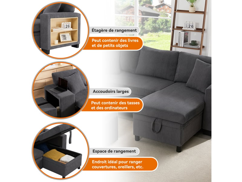  Canapé d’angle convertible 3 places 231x131,5 cm – gris – rangement, usbusb-c et étagère latérale  - Conforama E