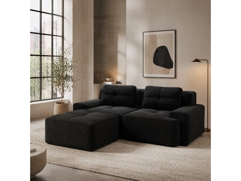  Canapé modulable convertible 2 places en velours côtelé noir avec ottoman, 204 x 177 x 69 cm  - Conforama B