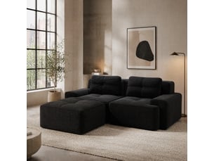 Canapé modulable convertible 2 places en velours côtelé noir avec ottoman, 204 x 177 x 69 cm
