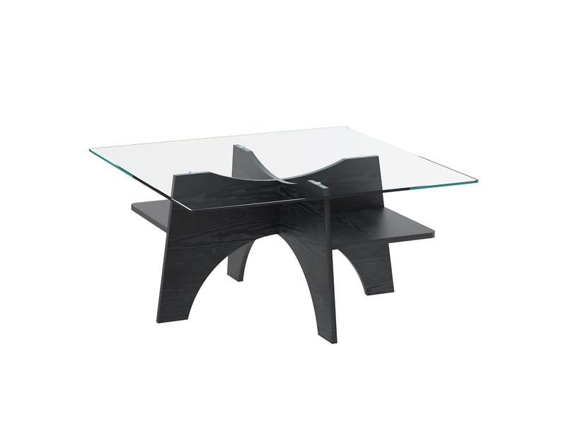  Table basse carrée avec plateau en verre de sécurité et étagère ouverte, structure en mdf noir 80 × 80 × 40 cm  - Conforama A