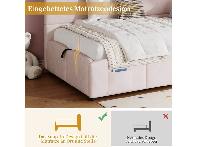  Lit coffre enfant 90x200 cm avec port usb, sac de rangement, dossier et sommier, velours, rose, sans matelas  - Conforama E