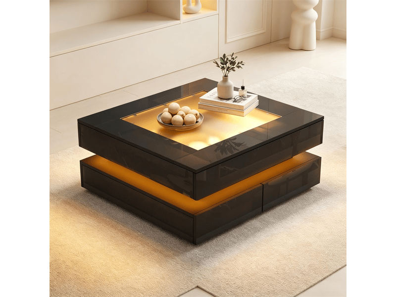 Table basse carrée avec led et 3 tiroirs 70x70 cm plateau en verre trempé et bois noir brillant - Conforama R
