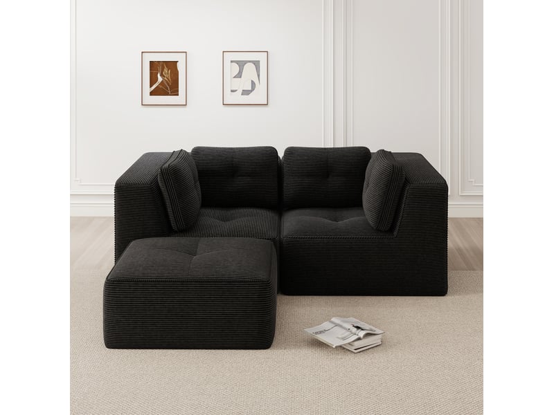 Canapé modulable 208x177x69 cm 2 places, sans montage, méridienne déplaçable, en velours côtelé, noir - Conforama E