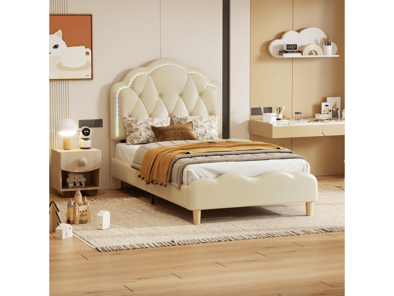  Lit simple pour enfant 90x200 cm - lit décoratif avec tête de lit en forme de vague et bandes led - simili cuir + bois + métal - sans matelas - blanc  - Conforama B