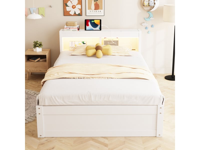 Lit banquette 90x200 cm avec rangements led multicolore prise euro mécanisme hydraulique bois massif blanc - Conforama E