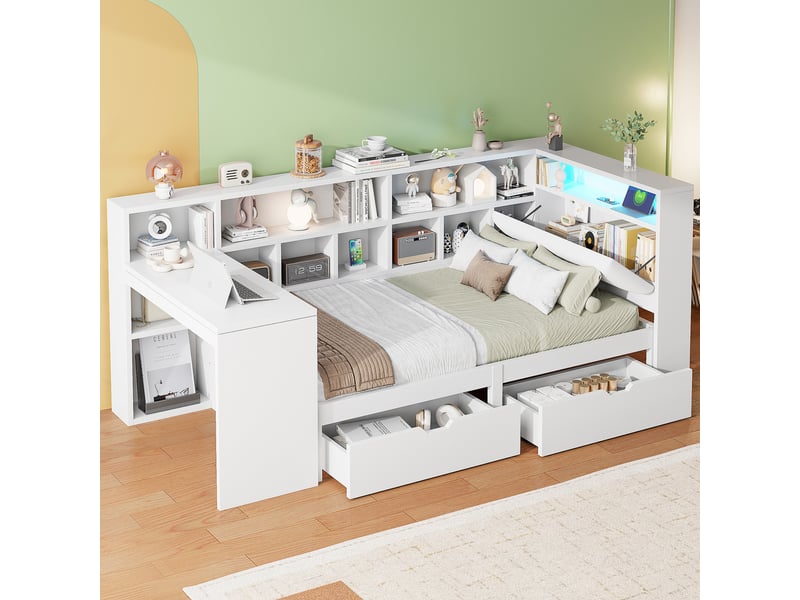Lit avec rangement 90x200 cm coloris blanc mdf led lit enfant blanc - Conforama B