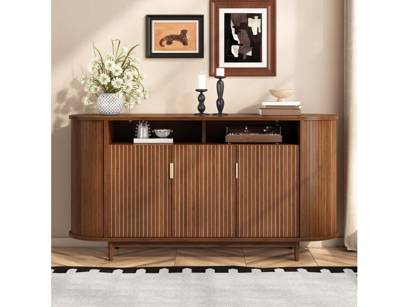  Buffet 140x40x78 cm, avec 3 portes, poignées métal, étagères ouvertes, mdf et panneau de particules, noyer, rangement  - Conforama E