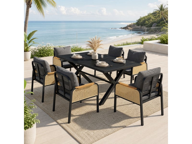  Salon de jardin,148x80x75 cm,1 table et 6 chaises avec coussins,noir et naturel  - Conforama B
