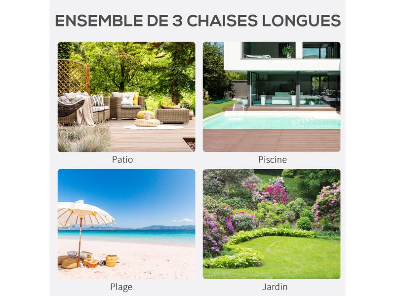  Lot de 2 bains de soleil chaise longue design contemporain table basse plateau verre trempé textilène noir  - Conforama E