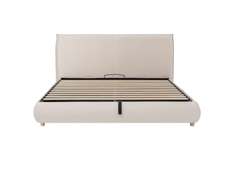  Lit coffre double 180 × 200 cm avec rangement hydraulique et tête de lit, sans matelas, en velours crème  - Conforama E