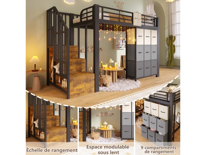 Lit mezzanine 90×200 cm - métal - avec tiroirs - avec penderie - avec escalier de rangement - noir (matelas non inclus) - Conforama R