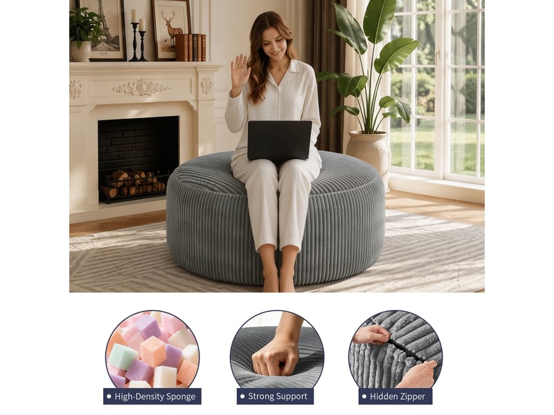 Fauteuil pouf rond avec rembourrage en mousse à mémoire de forme, assise moelleuse en velours côtelé gris clair  - Conforama E