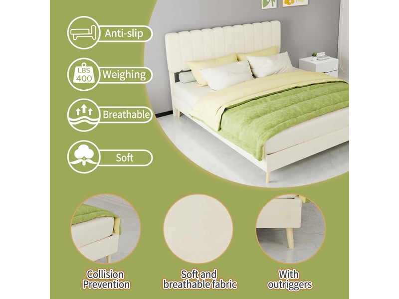  Lit rembourré 160 × 200 cm 2 places avec tête de lit moelleuse, sans matelas, en tissu beige  - Conforama E