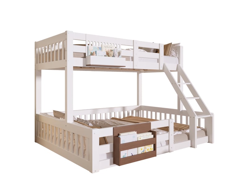 Lit superposé enfant 90x200 et 140x200 cm avec rangements, garde-corps et échelle intégrée, métal, mdf et pin, blanc Sol Morn - Conforama A