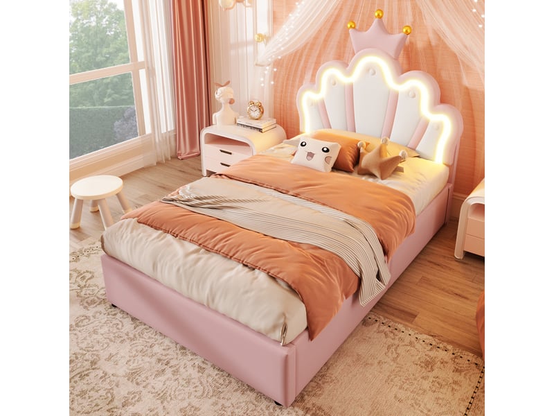  Lit coffre rembourré 90x200cm coloris rose led pu lit enfant rose - Conforama B