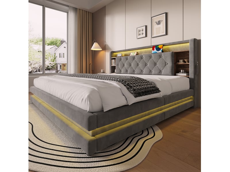  Lit coffre 2 places 180x200 cm en velours gris foncé avec led, usb et tête de lit multifonction, sans matelas  - Conforama E