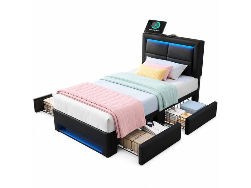  Lit enfant 90x200cm, style moderne, lumières avec éclairage led, ports usb de chargement, 4 tiroirs, pu, noir, sans matelas  - Conforama A