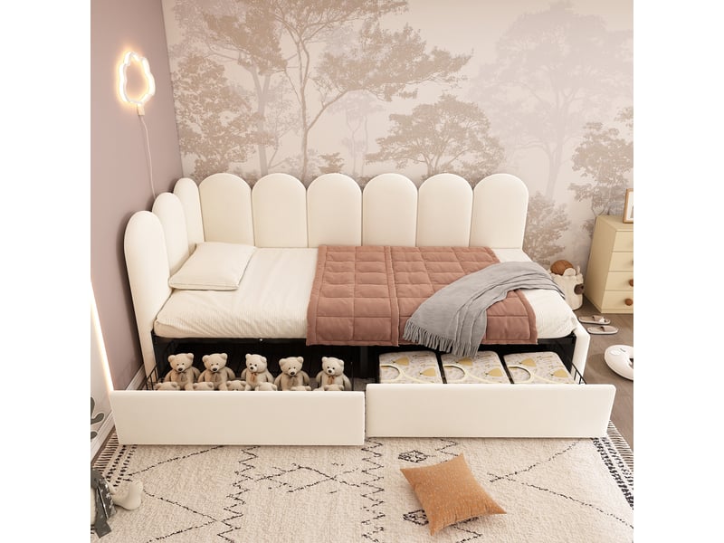 Lit banquette 90 x 200 cm avec 2 tiroirs de rangement, sommier à lattes et dossier rembourré en velours beige - Conforama B