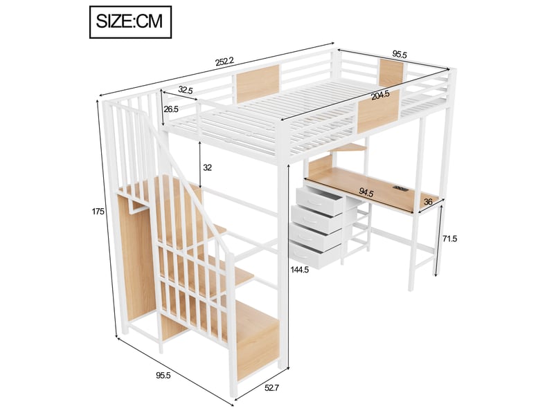  Lit mezzanine 90x200 cm avec bureau, rangements, led et prise, en métal blanc  - Conforama C