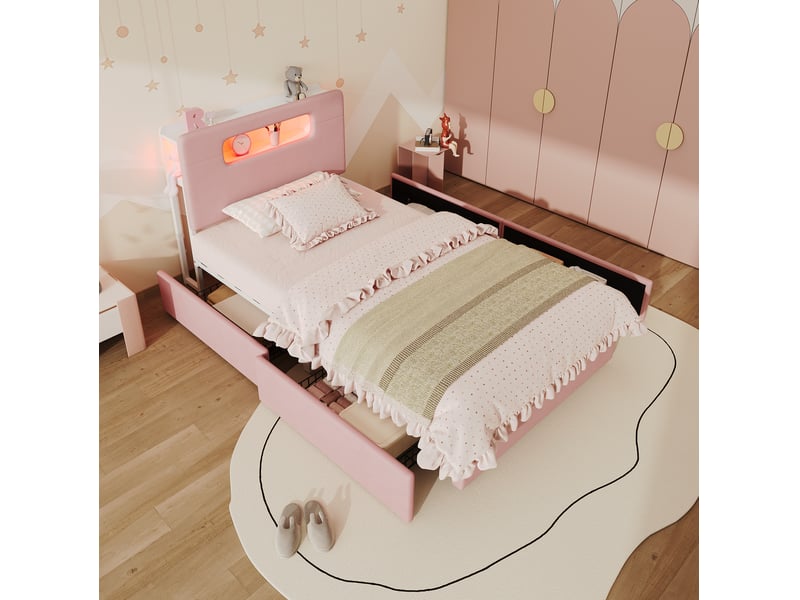  Lit jeune 90x200 cm, lit simple avec 4 tiroirs, tête de lit avec rangement, led, mdf, velours couleur rose, sans matela  - Conforama E