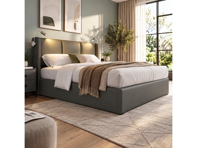  Lit double rembourré 140x200 cm avec coffre de rangement, tête de lit avec liseuse et usb, sommier à lattes, revêtement pu, sans matelas IKSETERA TRADING LTD - Conforama D