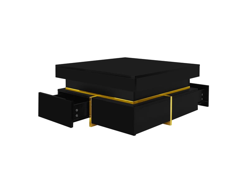  Table basse carrée 70x70x35.5cm laquée noire haute brillance avec 2 tiroirs | liseré et poignées dorés | charge 60kg - noir  - Conforama A