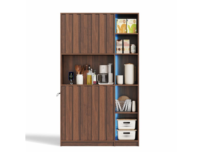  Buffet de cuisine haute 105 x 40 x 180 cm avec éclairage led rgb et prises, 2 portes, étagères ouvertes, noyer  - Conforama A
