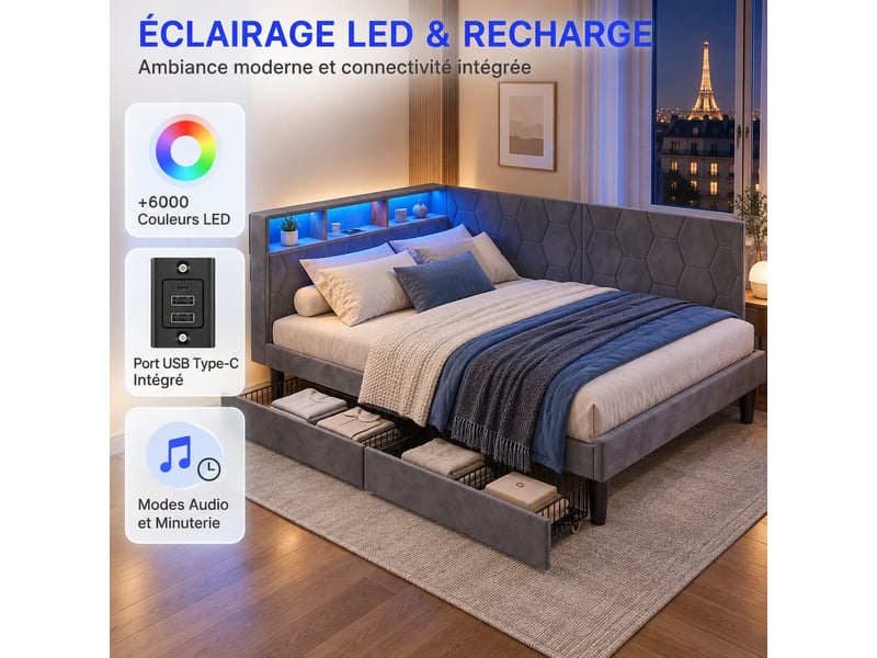 Canapé lit 2 places 140x200 avec lampe led et port usb, lit banquette capitonné avec 2 tiroirs, lit rembourré en l avec sommier à lattes, lit double pour adultes et adolescents, gris velours - Conforama C