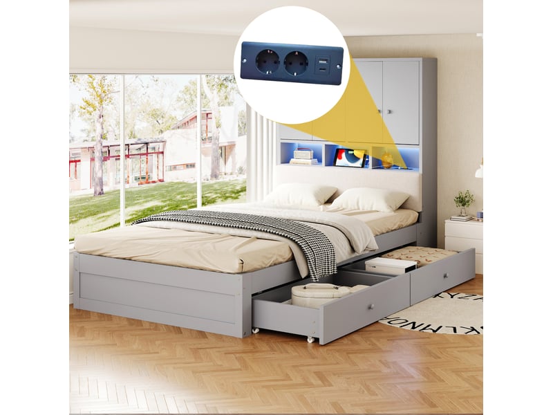 Lit 90x200 cm rangement 2 tiroirs, led prise, tête rembourrée, sommier à lattes, bois gris sans matelas - Conforama E