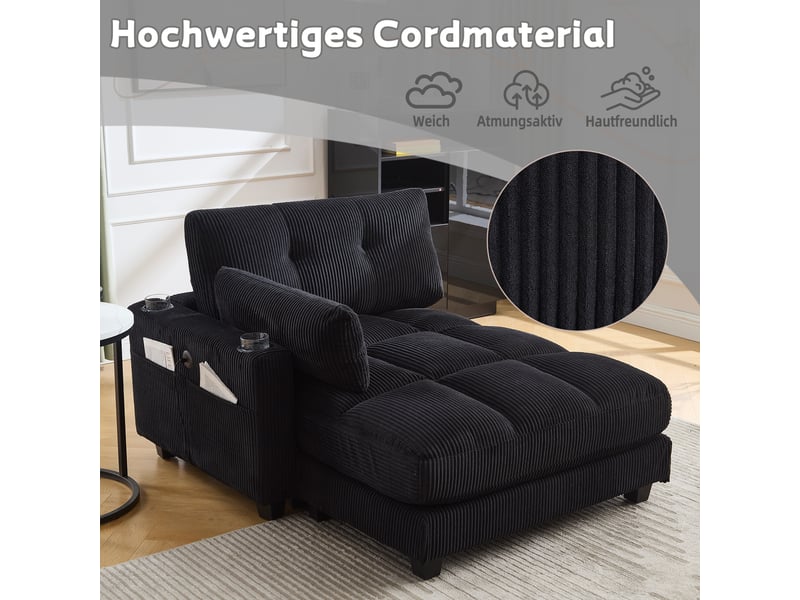  Canapé en velours côtelé noir avec accoudoirs réversibles et coussins réglables pour la tête  - Conforama D