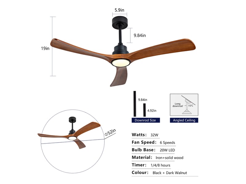  Ventilateur de plafond 52 pouces avec led, 3 pales en bois noyer foncé  - Conforama C
