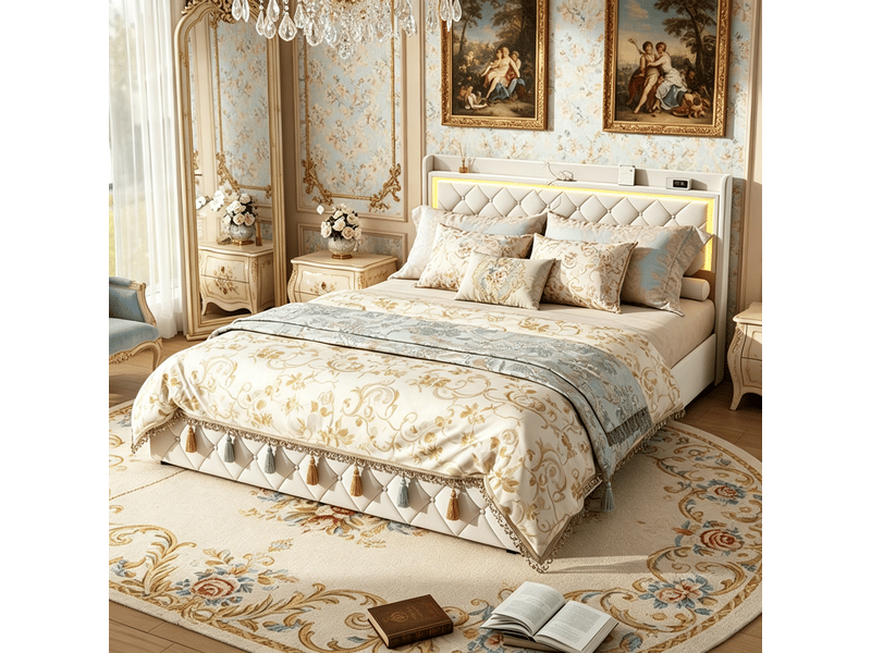  Lit double capitonné 160 x 200 cm velours beige avec sommier, 4 tiroirs, led et ports usbtype-c  - Conforama C