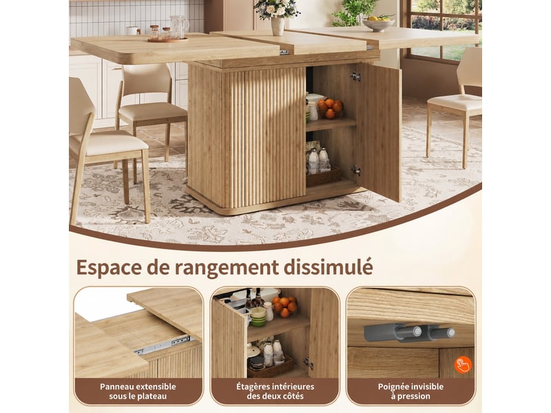  Table à manger extensible 140-180 cm avec rangement caché, finition bois clair  - Conforama D