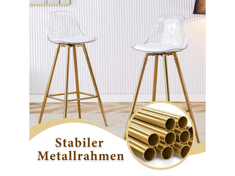  Lot 2 tabourets bar 100 cm transparent – piètement doré, dossier confortable – café &amp; salon  - Conforama E