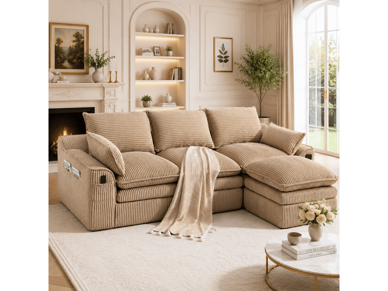 Canapé modulable 3 places en velours côtelé kaki avec hocker, coussins et poches latérales - Conforama B